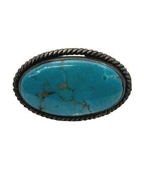 Vintage Navajo Sterling Silver & Turquoise Oval Brooch Pin Rope Border 1.25"